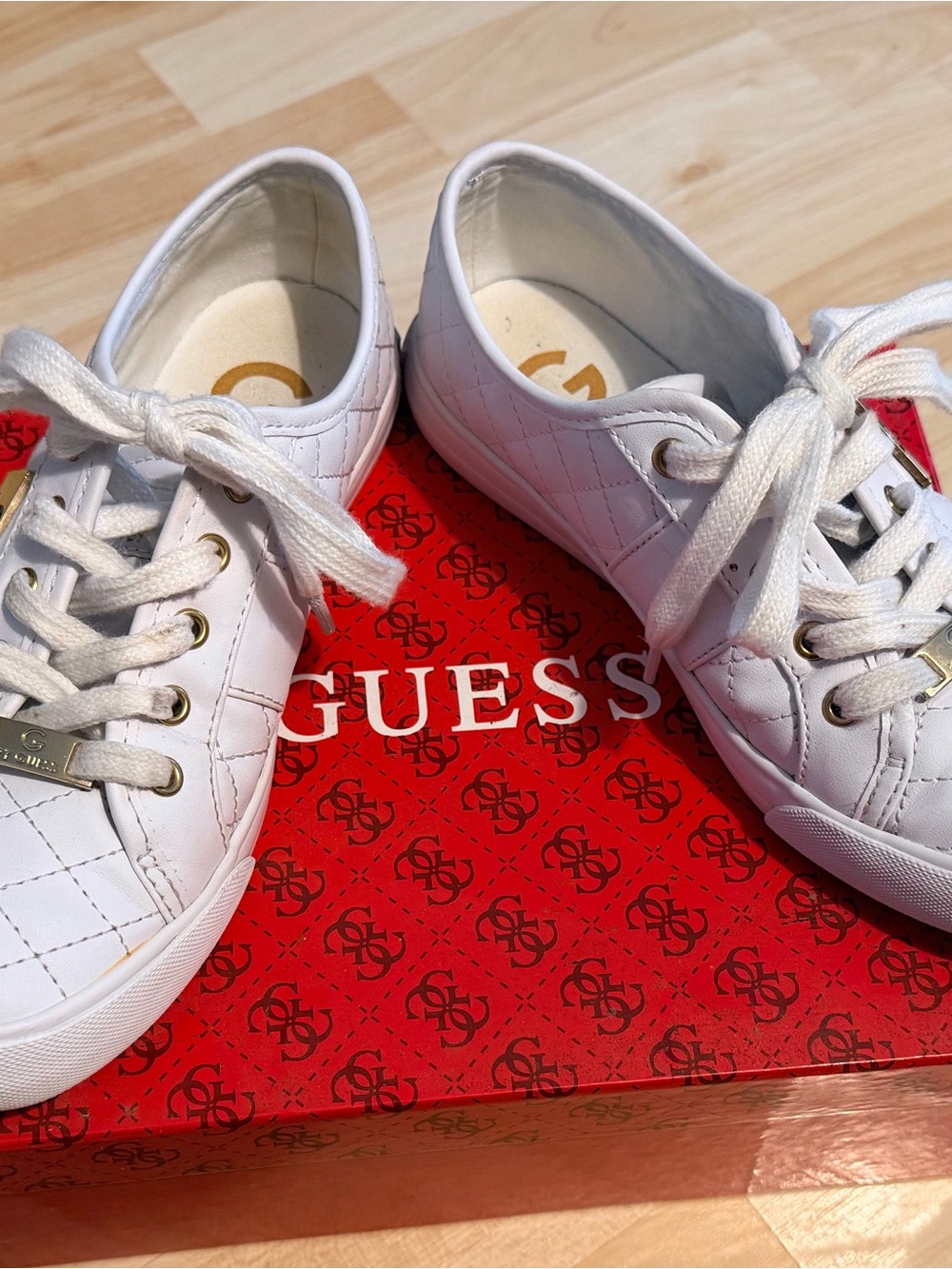 Guess White Quilted Lace-Up Sneakers with Gold Accents